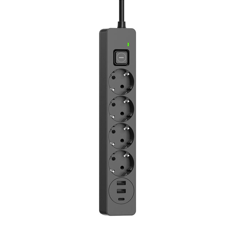 Фільтр живлення ColorWay CW-CHE435PDB 4 розетки, 3USB (2USB-A + 1 TYPE-C) (24W), 2м, Black